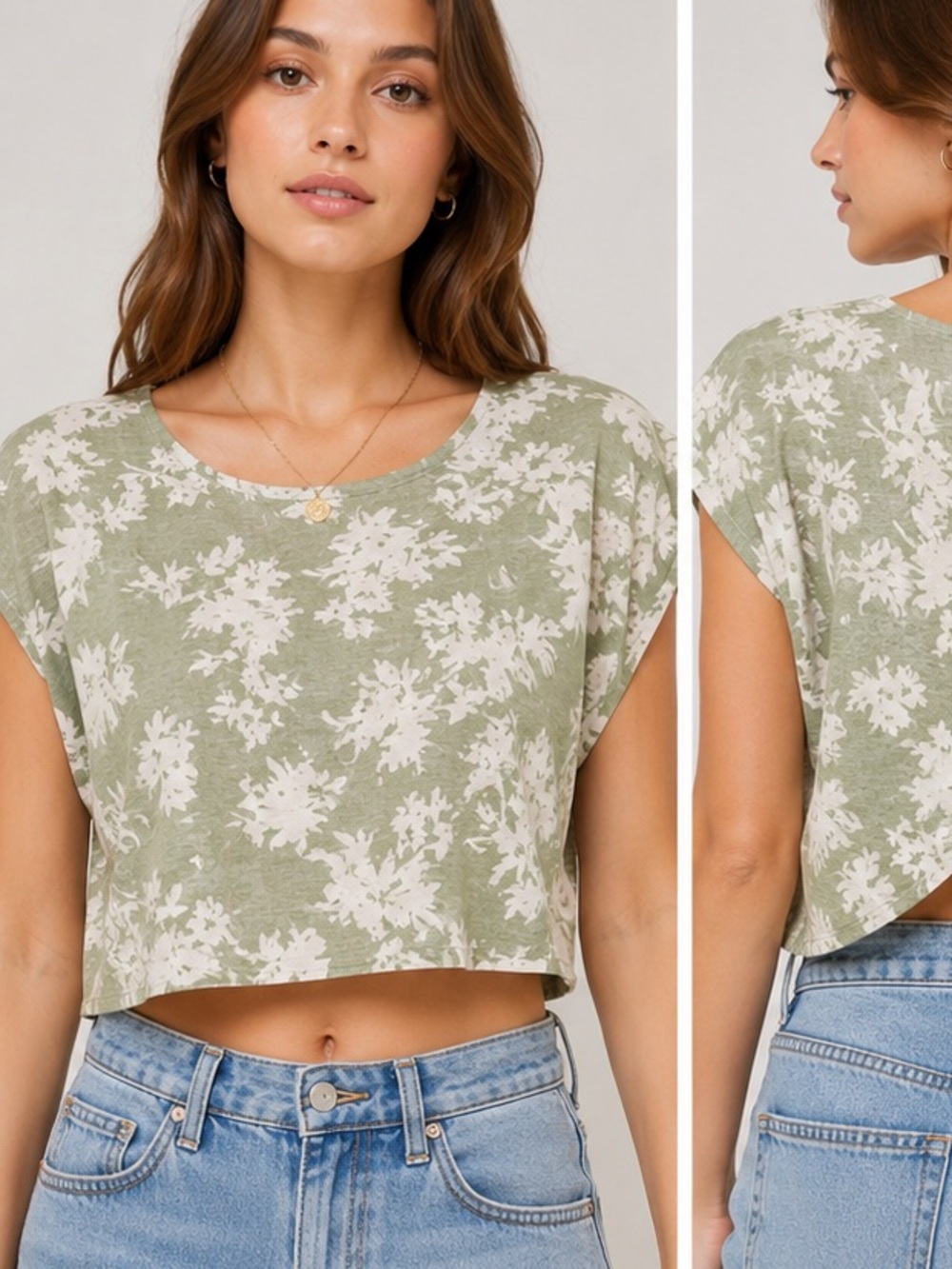 Sage Green Floral Crop Top – Lightweight Summer Blouse